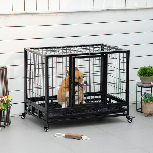 PawHut 36 inch Heavy Duty Metal Dog Crate Pet Cage with Tray Wheeled Dog Kennel - Black (Medium)